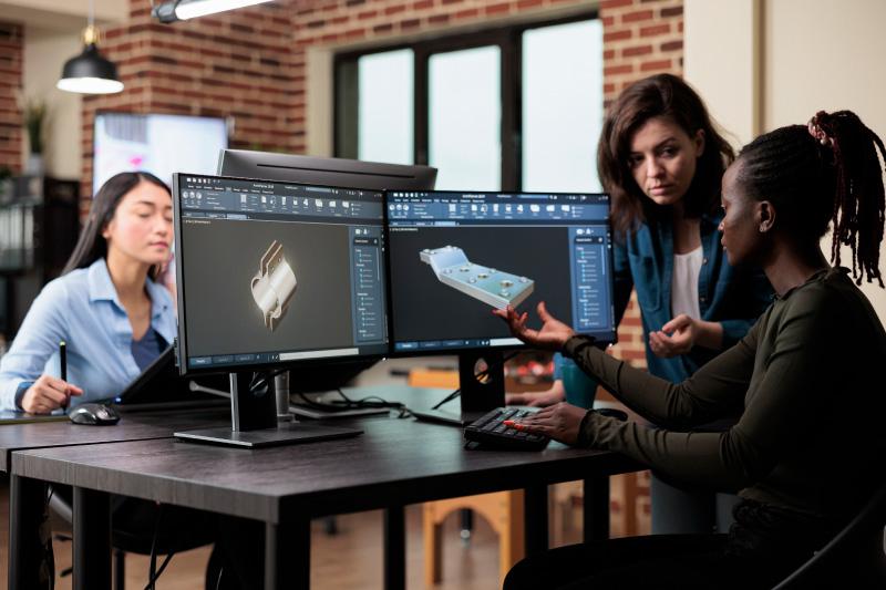 Zespół pracujący w nowoczesnym biurze przy monitorach, na których widoczne są trójwymiarowe modele techniczne. Scena ilustrująca proces produkcji grafiki i animacji 3D.