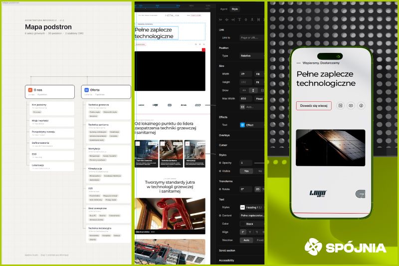 Etapy tworzenia strony www: mapa podstron, projekt we Framerze i gotowa strona na telefonie