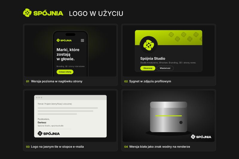 Wersje logo w praktyce: wersja pozioma na stronie, sygnet w awatarze, logo w stopce e-maila i na renderze